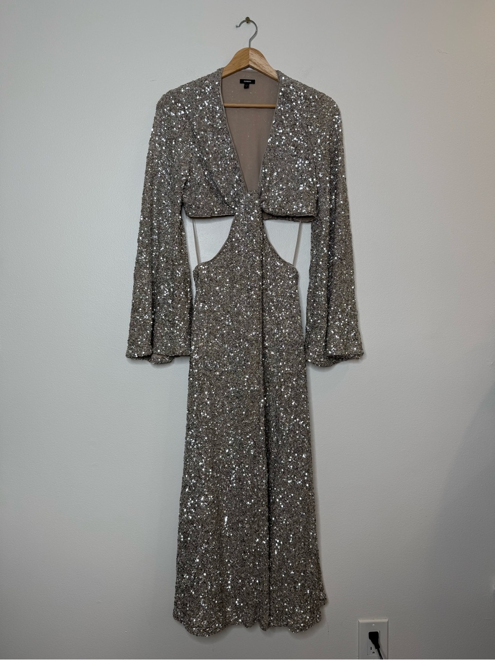 Express Fully Silver Metallic Sequin Shimmer Longsleeve Cut Out Maxi Length Gown